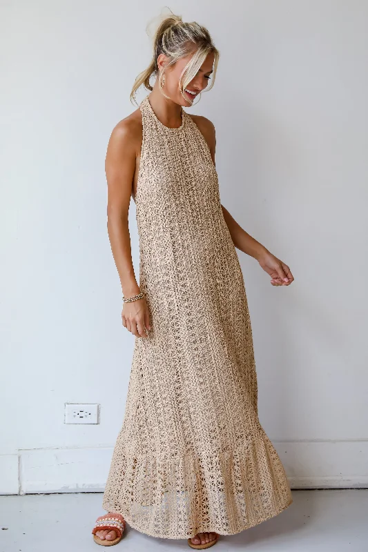 FINAL SALE - Divine Intentions Taupe Crochet Knit Halter Maxi Dress Comfortable Fitted Maxi Dress