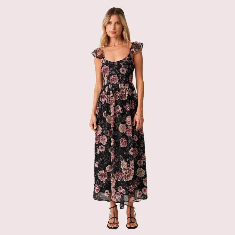 Elara Maxi Dress (Black + Rose) Stylish Off-Shoulder Maxi Dress