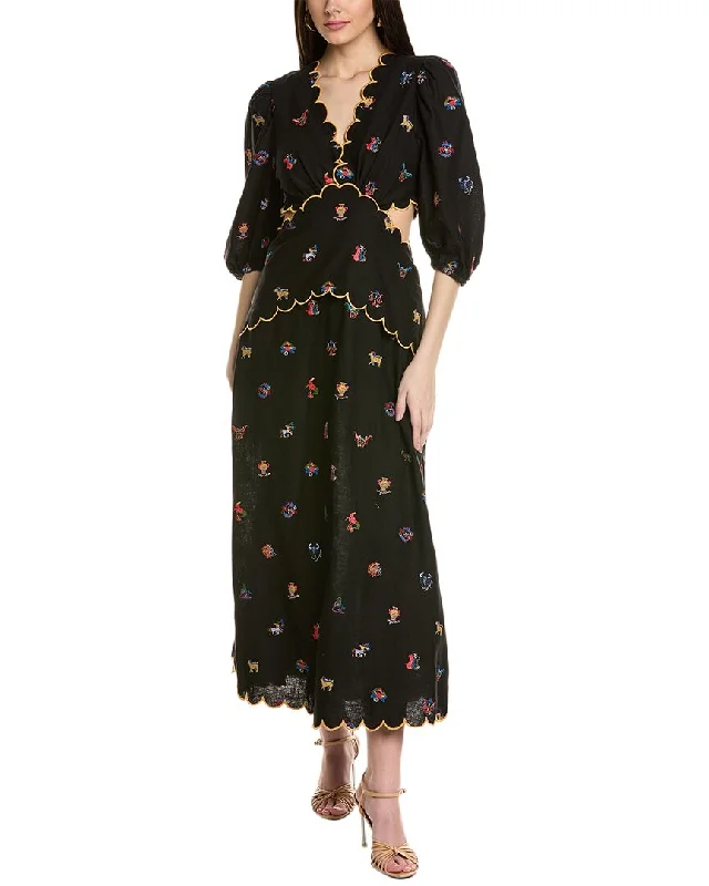 FARM Rio Cross Stitch Embroidered Linen-Blend Maxi Dress Classic A-Line Maxi Dress