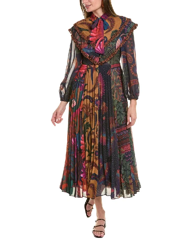 FARM Rio Mixed Prints Pleated Maxi Dress Stylish A-Line Maxi Dress