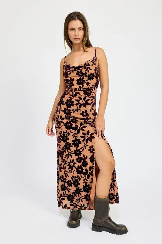 Floral Cowl Neck Maxi Dress Elegant Lace-Up Maxi Dress