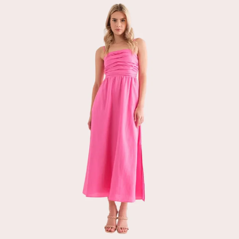 Gathered Cami Linen Maxi Dress (Pink) Chic Button-Up Maxi Dress
