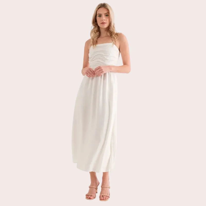 Gathered Cami Linen Maxi Dress (Off White) Stylish Longline Maxi Dress