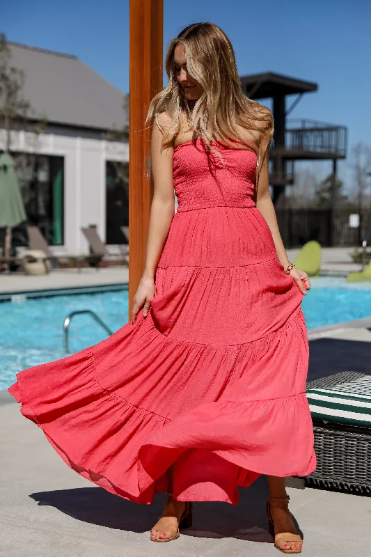 FINAL SALE - Getaway Mood Coral Strapless Tiered Maxi Dress - DU DEAL Cozy Open-Back Maxi Dress