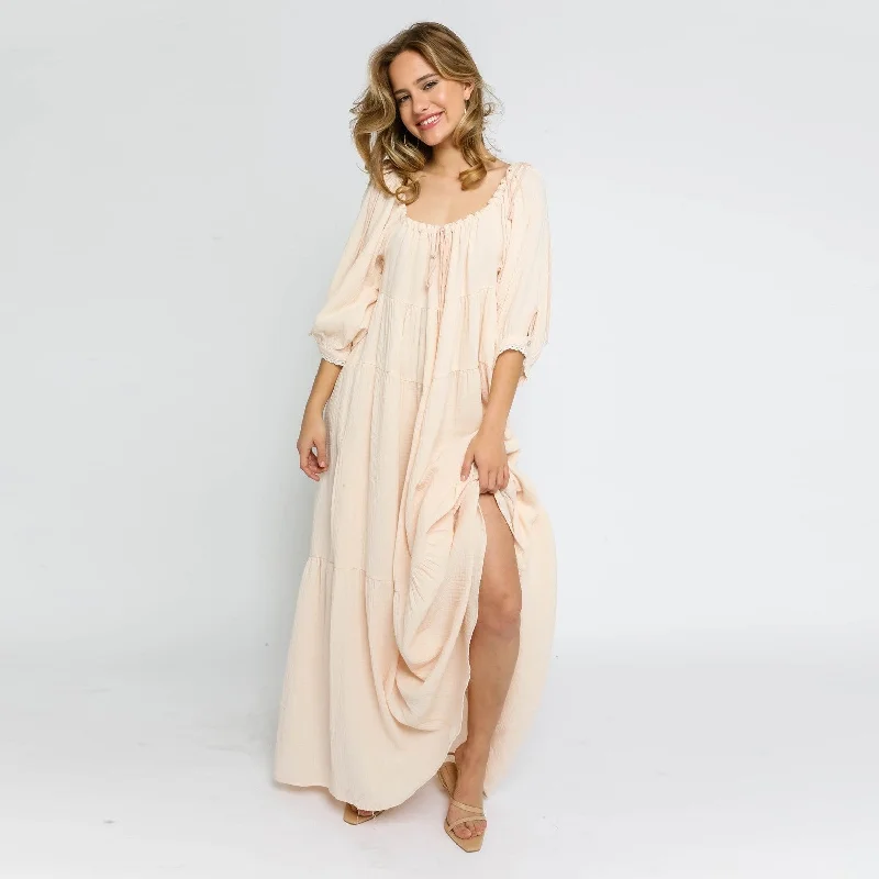 Goddess Babydoll Maxi Dress (Blush) Elegant Maxi Dress with Slit