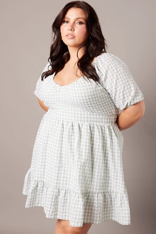 Green Check Tiered Mini Dress Shirred Back With Pockets Elegant Mini Dress with Pleats
