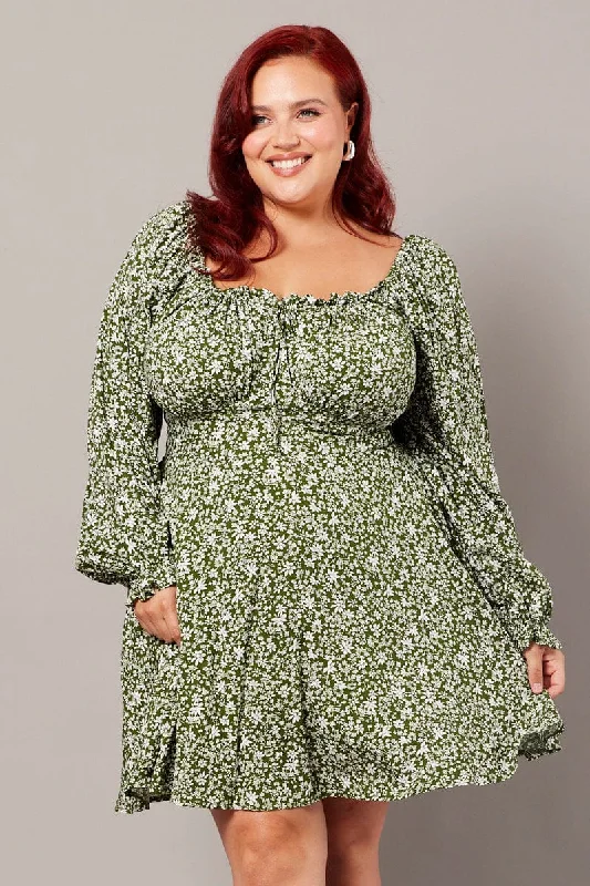 Green Ditsy Long Sleeve Tie Mini Dress Classic Floral Print Mini Dress