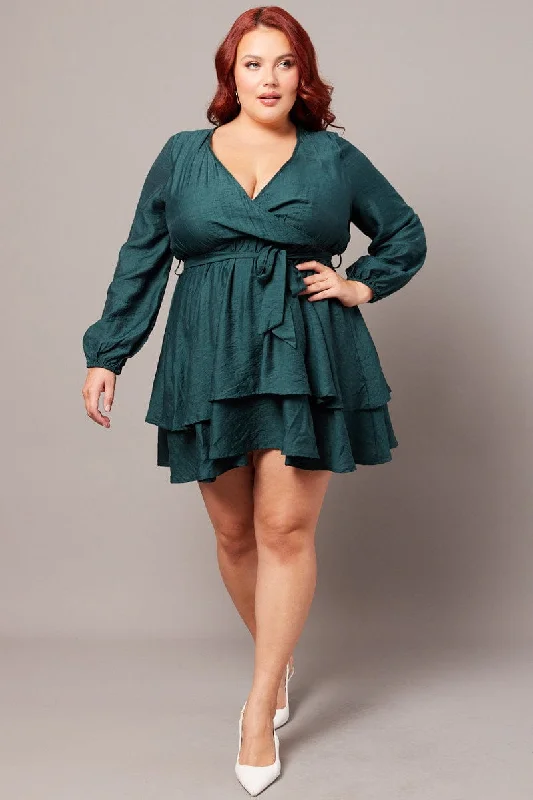 Green Tiered Cross Front Mini Dress Classic Casual Mini Dress