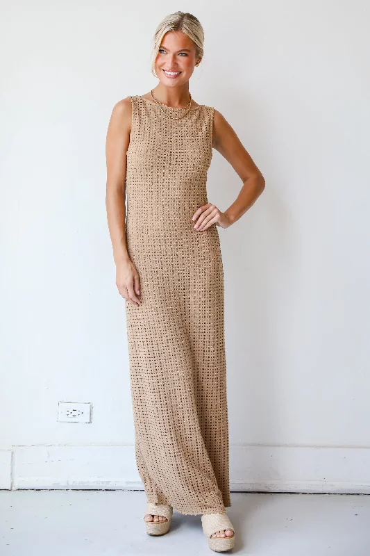 FINAL SALE - Infinite Sunshine Taupe Crochet Knit Maxi Dress Stylish One-Shoulder Maxi Dress FINAL SALE - Infinite Sunshine Taupe Crochet Knit Maxi Dress Stylish One-Shoulder Maxi Dress