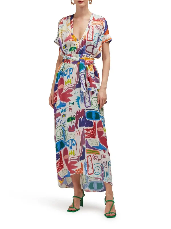 Joanna Silk Satin Maxi Dress In Abstract Courage Stylish Off-Shoulder Maxi Dress