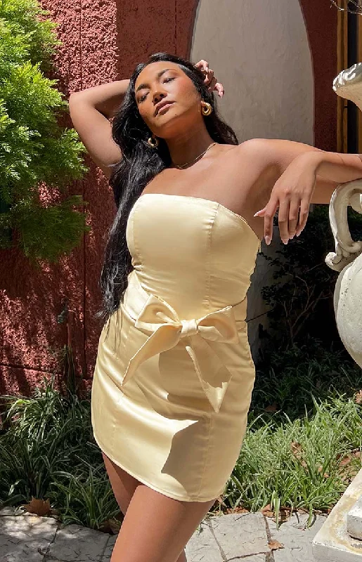 Kamie Yellow Satin Bow Mini Dress Elegant Tulle Mini Dress