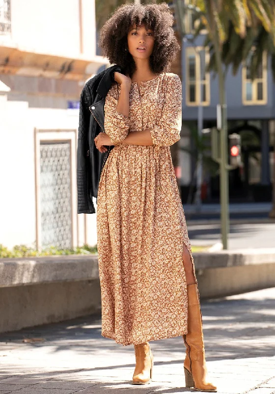 LASCANA Women's Floral Long Sleeve Maxi Dress Trendy Maxi Dress with Belt