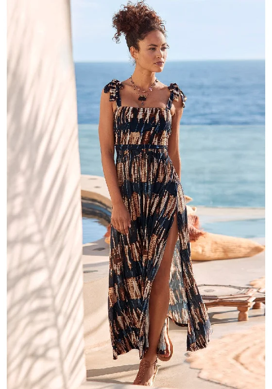 LASCANA Women's Tie Strap Slit Maxi Dress Trendy Fit-and-Flare Maxi Dress