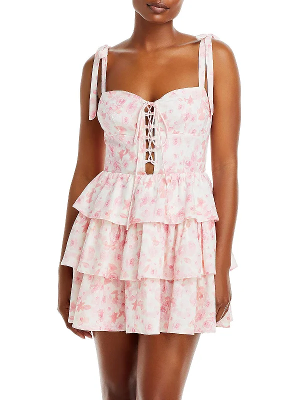Laurie Womens Linen Blend Floral Mini Dress Comfortable Boho Mini Dress