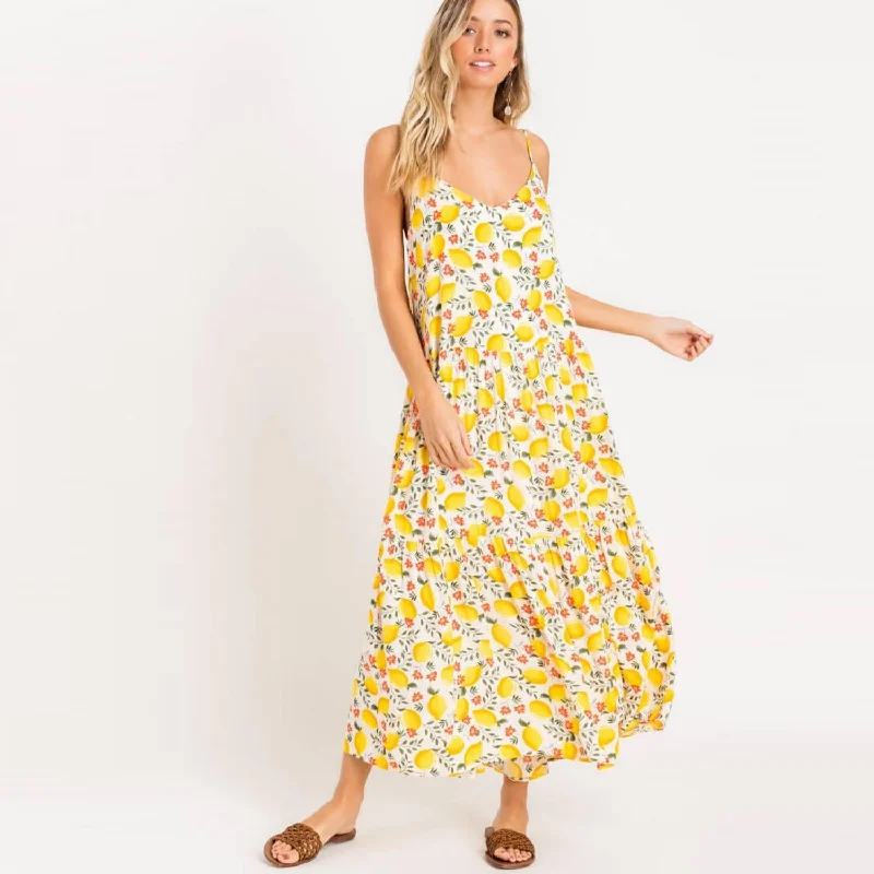 Lemon Print Maxi Dress Elegant Maxi Dress with Belt