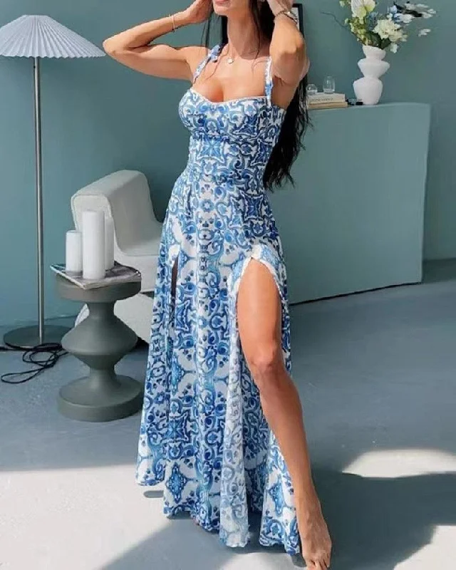 Louis Abstract Maxi Dress in Blue Cozy Ruffle Sleeve Maxi Dress
