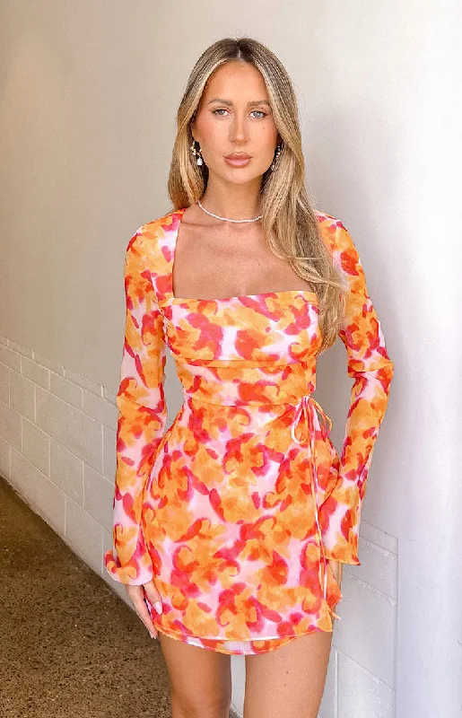 Lucy Azalea Pink Print Long Sleeve Mini Dress Elegant Mini Dress with Ruffles