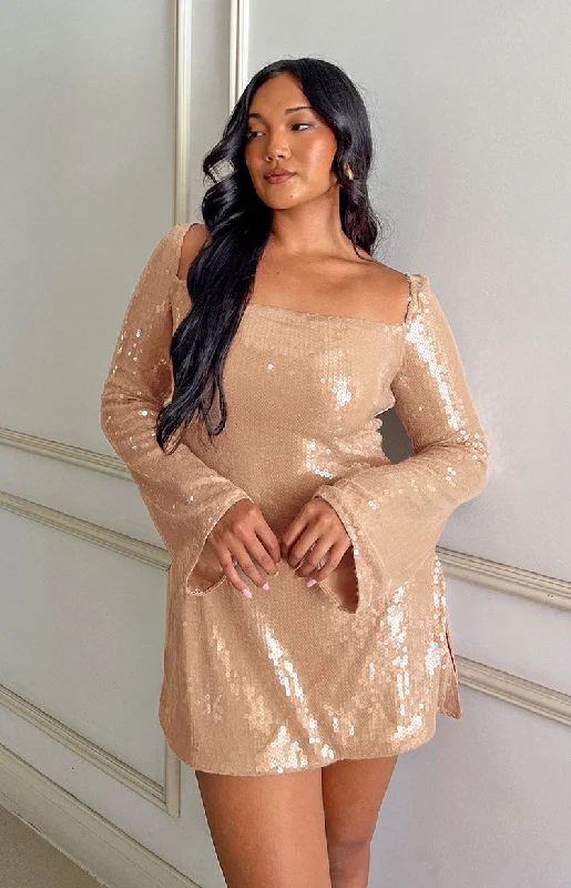 Marienne Champagne Sequin Long Sleeve Mini Dress Cozy Jersey Mini Dress