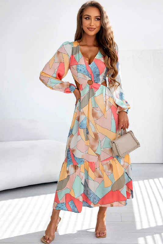 Mondrian Multicolor Abstract Print O-ring Cut-Out Long Sleeve Maxi Dress Classic V-Neck Maxi Dress Mondrian Multicolor Abstract Print O-ring Cut-Out Long Sleeve Maxi Dress Classic V-Neck Maxi Dress