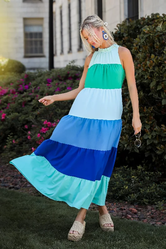 Ocean Skies Color Block Maxi Dress Elegant Pleated Maxi Dress