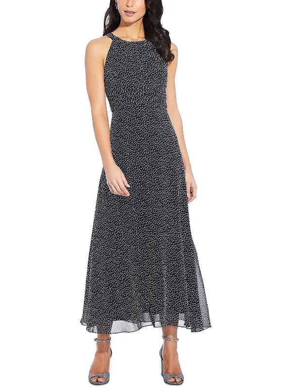 Petites Womens Chiffon Polka Dot Maxi Dress Trendy Off-Shoulder Ruffle Maxi Dress