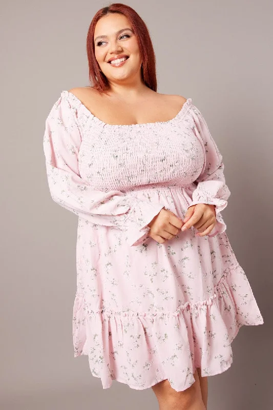 Pink Floral Shirred Bodice Mini Dress Stylish Button-Down Mini Dress