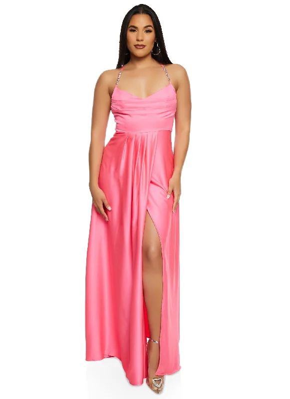 Haute Monde Rhinestone Strap Satin Maxi Dress Trendy Satin Maxi Dress