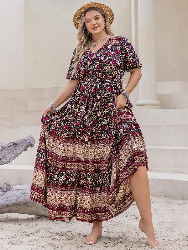 Plus Size Printed V-Neck Short Sleeve Maxi Dress Classic A-Line Maxi Dress