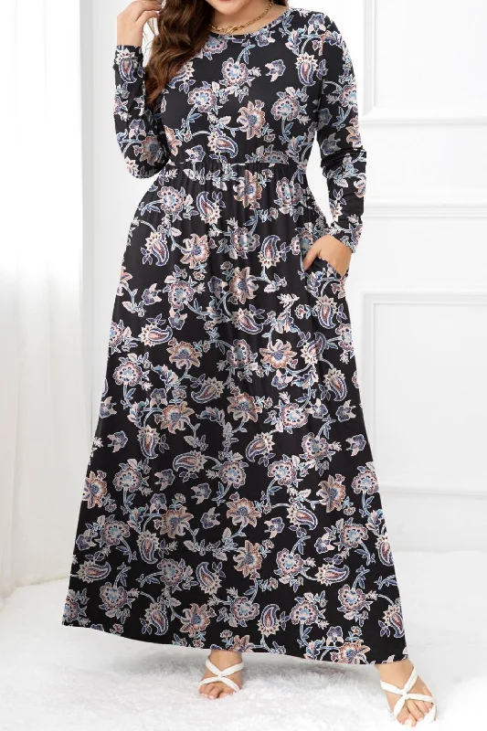 Round Neck Long Sleeve Maxi Dress with Pockets Comfortable Fit-and-Flare Maxi Dress