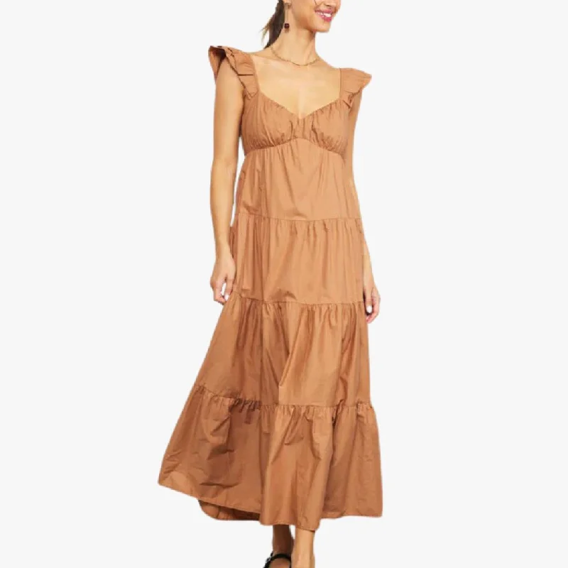 Poplin Ruffle Sleeve Maxi Dress (Tuscan Tan) Elegant Lace Maxi Dress