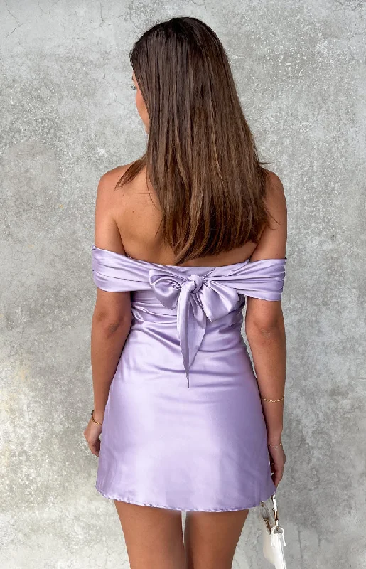 Primrose Purple Satin Off the Shoulder Mini Dress Fashionable Mini Dress with Slits