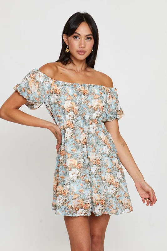 Print Mini Dress Off Shoulder Stylish Button-Down Mini Dress