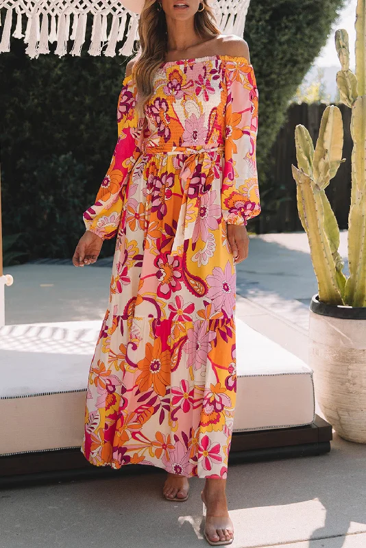 Printed Off-Shoulder Balloon Sleeve Maxi Dress Stylish A-Line Maxi Dress