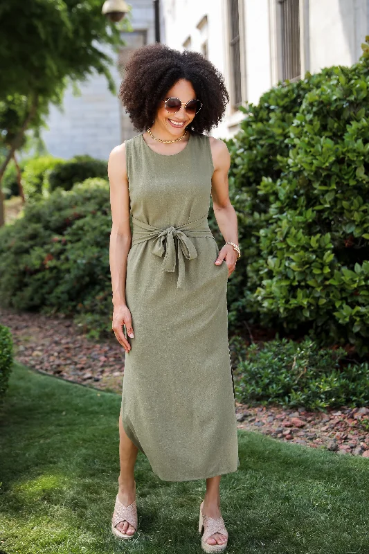 Relaxed Charm Olive Linen Tie-Front Maxi Dress Trendy Maxi Dress with Belt