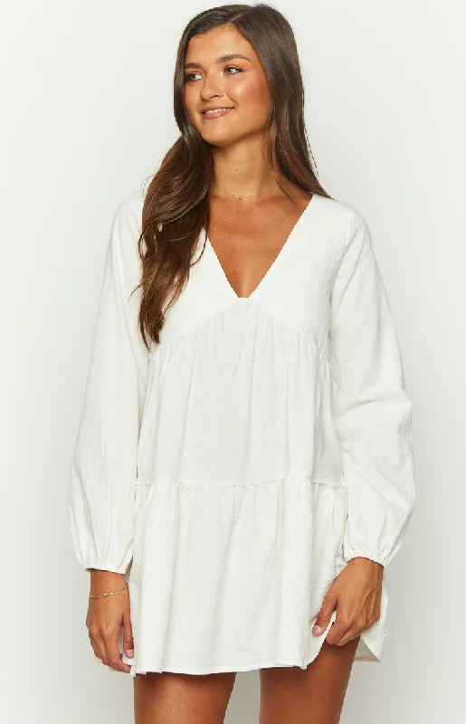 Retta White Long Sleeve Mini Dress Comfortable Ruffle Mini Dress