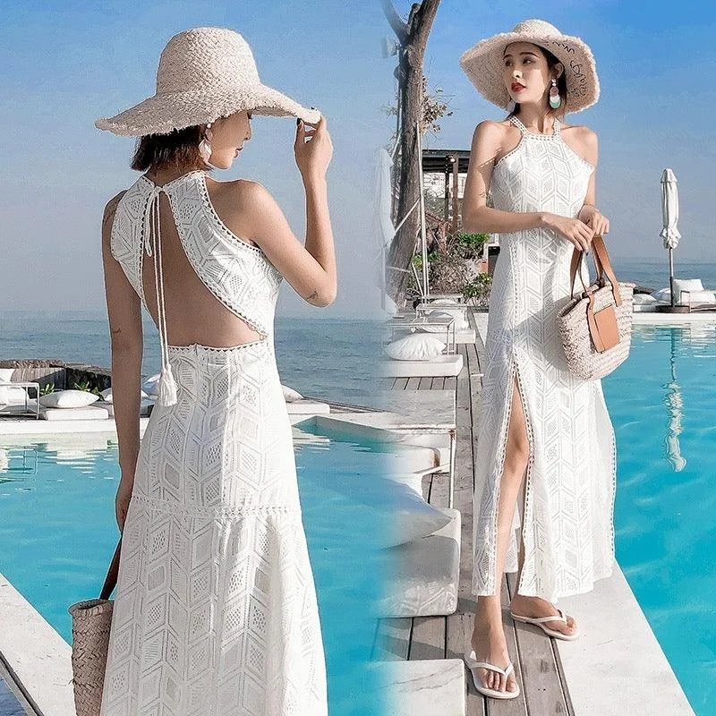 Rubecca Slit Maxi Dress in White Cozy Maxi Dress with Slit