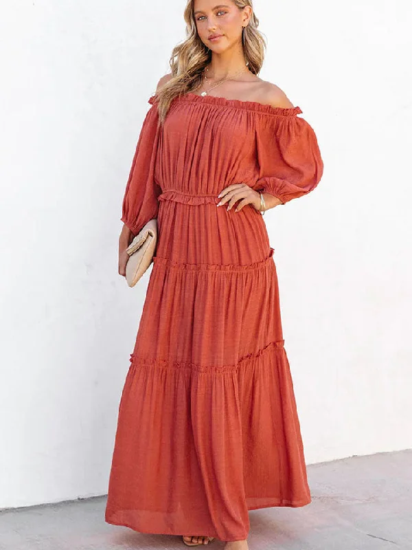 Ruffle Trim Off Shoulder Long Sleeve Maxi Dress Trendy Ruffled Maxi Dress