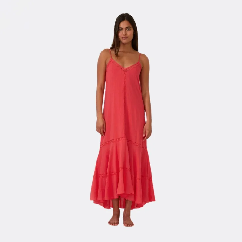 Sleeveless High-Low Lace Maxi Dress (Hibiscus) Trendy Floral Print Maxi Dress