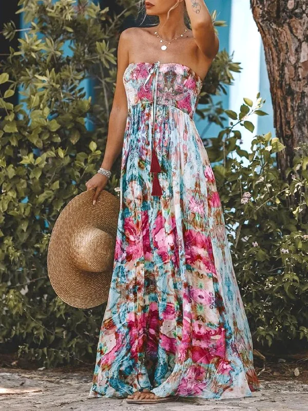 Smocked Printed Sleeveless Maxi Dress Elegant Maxi Dress with Lace