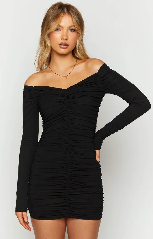 Solene Black Long Sleeve Mini Dress Cozy Cowl Neck Mini Dress