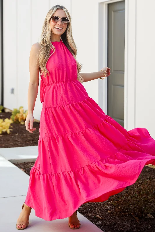 FINAL SALE - Sun-Sational Magenta Tiered Halter Maxi Dress Elegant Sleeveless Maxi Dress