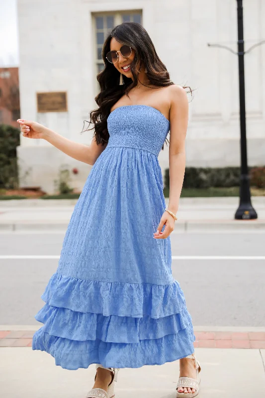 Sweetest Presence Blue Smocked Strapless Maxi Dress Stylish Boho Chic Maxi Dress