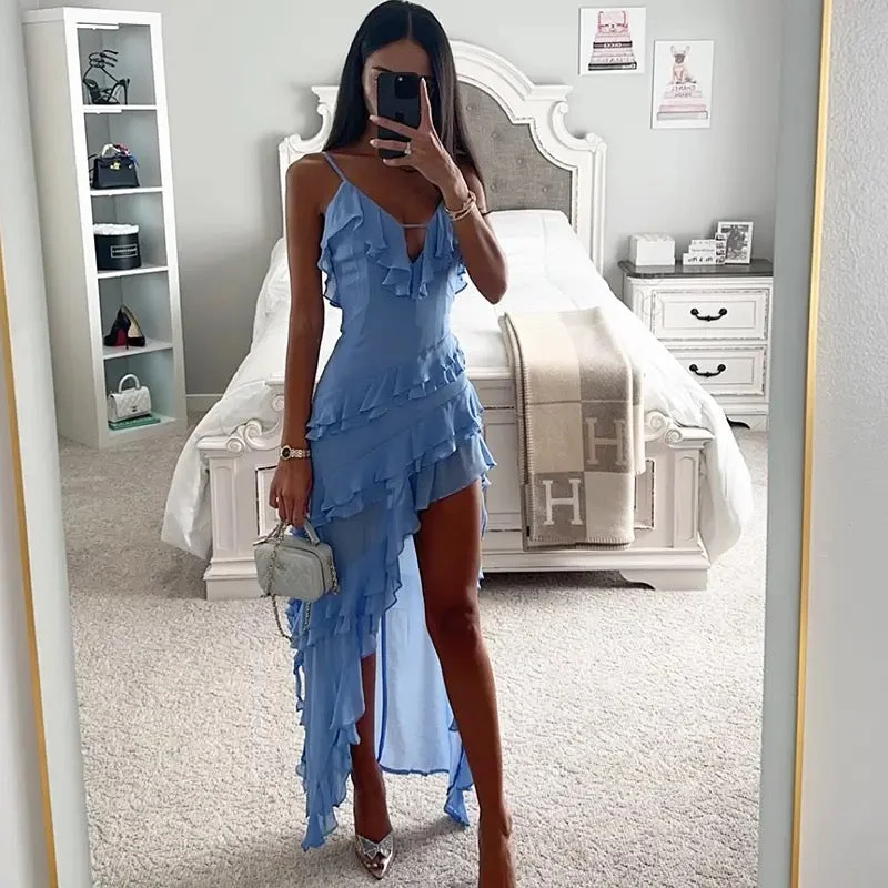 Swiss Ruffled Maxi Dress in Blue Comfortable Ruffle Maxi Dress