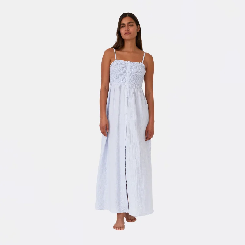 Thea Smocked Maxi Dress (Teal Blue) Trendy A-Line Maxi Dress