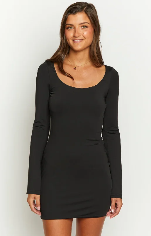 Tory Black Long Sleeve Mini Dress Stylish Floral Print Mini Dress