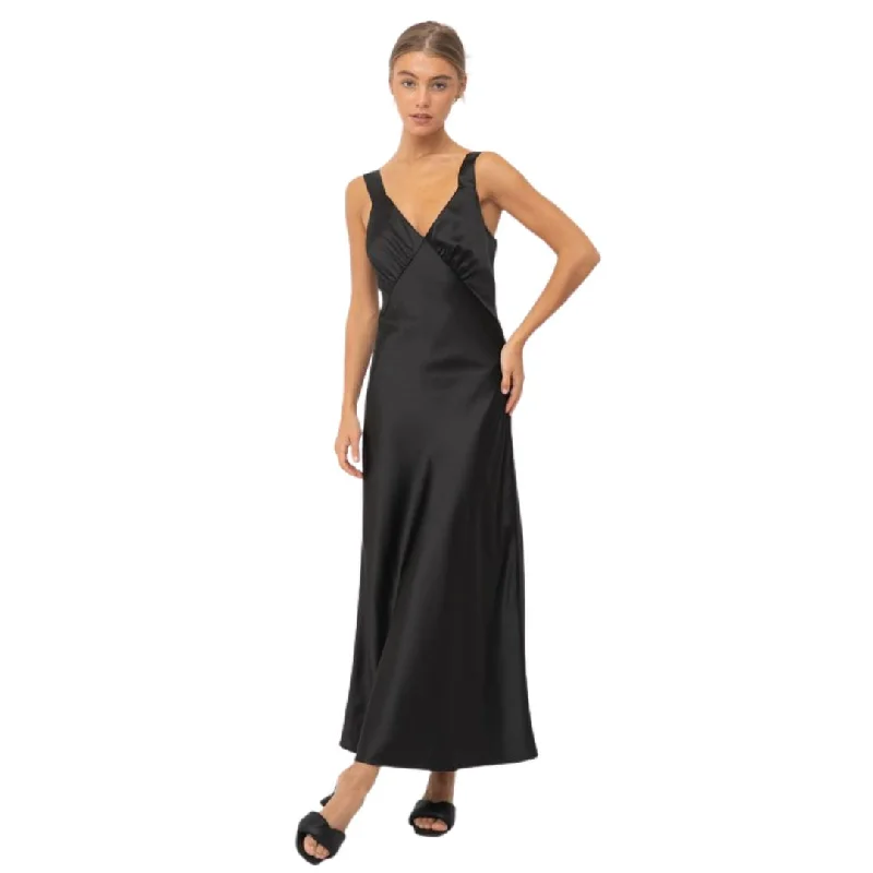 V Neck Sleeveless Satin Maxi Dress (Black) Comfortable Bohemian Maxi Dress