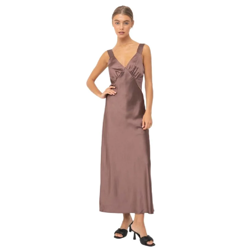V Neck Sleeveless Satin Maxi Dress (Mocha) Stylish Button-Up Maxi Dress