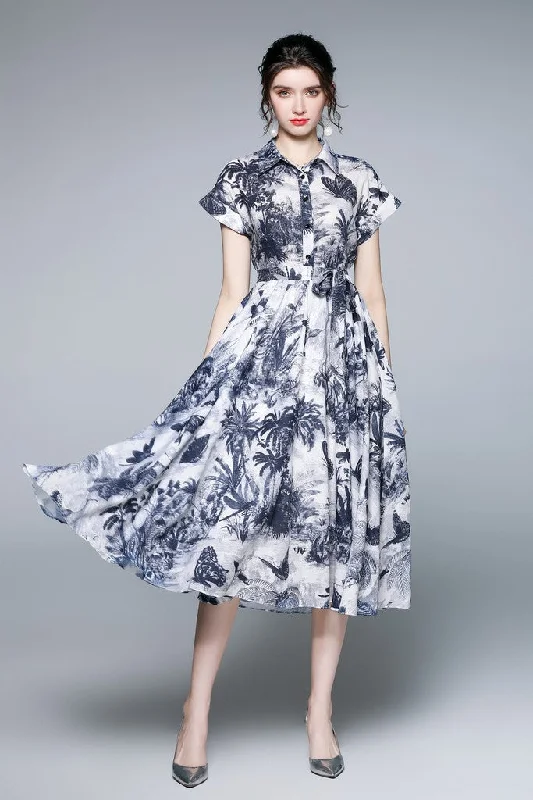White & Inky Print Day A-line Shirt Colar Short Sleeve Maxi Dress Classic Strapless Maxi Dress