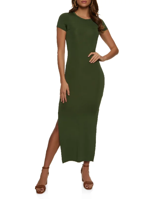Crew Neck Side Slit Maxi Dress Classic Solid Maxi Dress