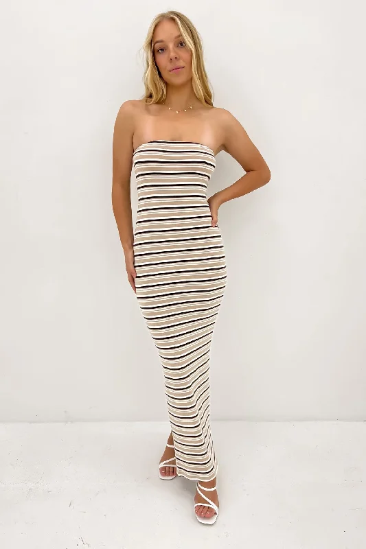 Seraphina Maxi Dress Brown Stripe Elegant Maxi Dress with Ruffles